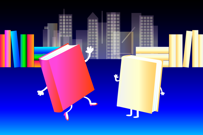 A graphic of two anthropomorphic books, one bright pink and one pale cream, with a background of a city skyline and two piles of books on either sides.