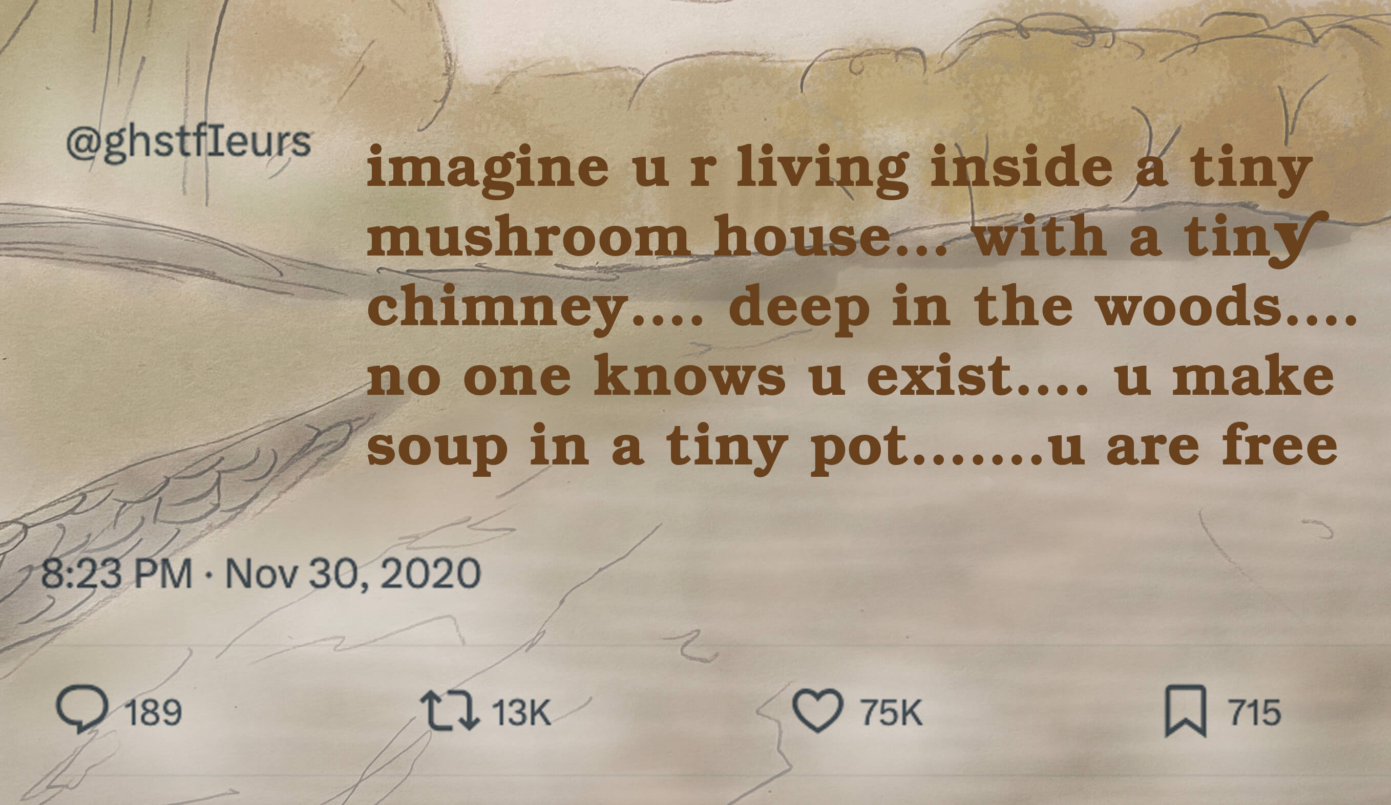 imagine u r living inside a tiny mushroom house… with a tiny chimney…. deep in the woods…. no one knows u exist…. u make soup in a tiny pot…….u are free