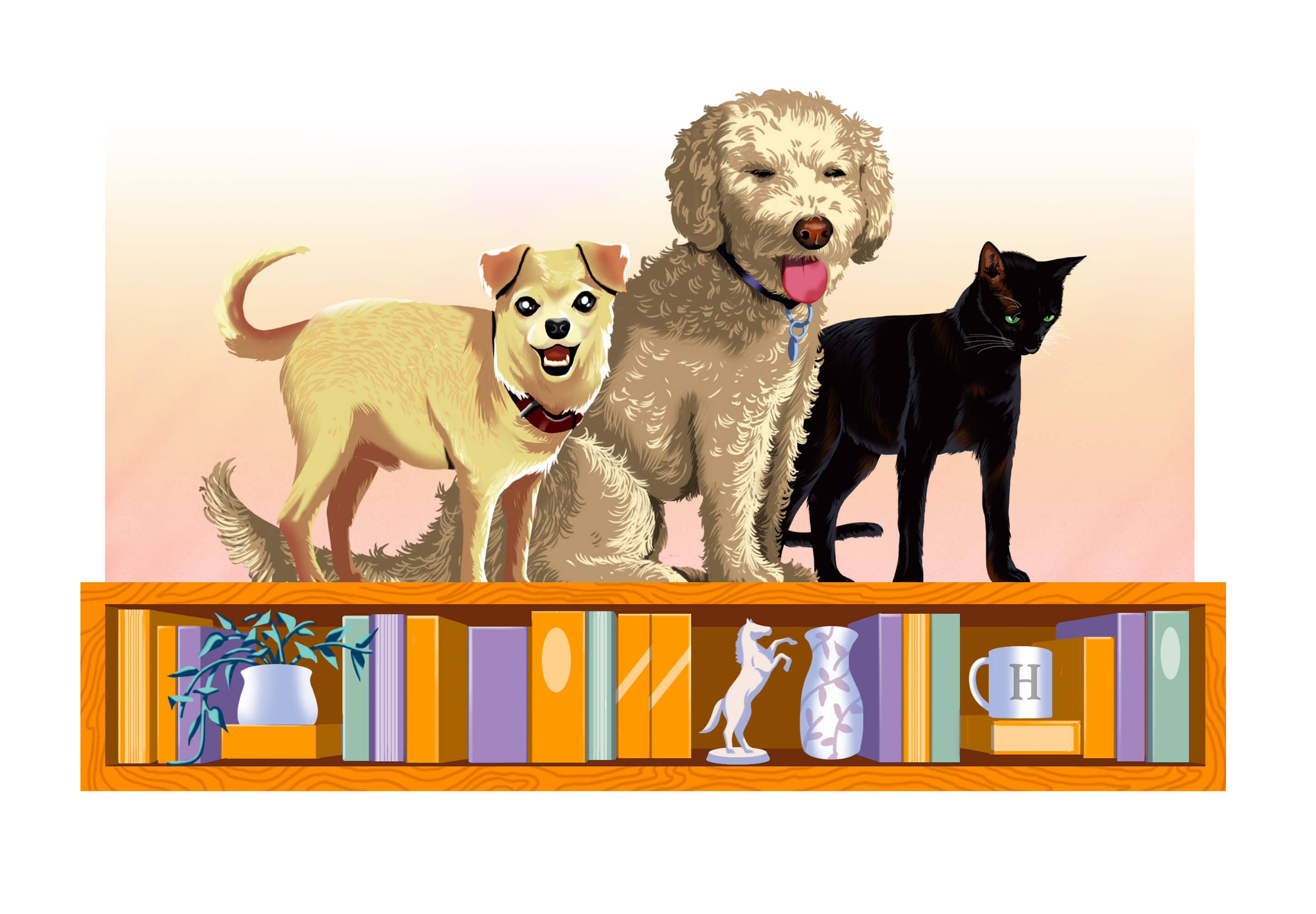 An image of two dogs and a cat standing on a bookshelf. 