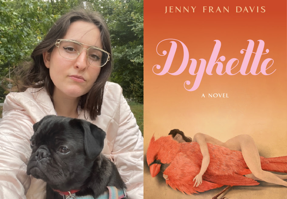 Photo of woman with brown hair, glasses, and puppy, plus an orange book cover with a nude women spooning a male cardinal.