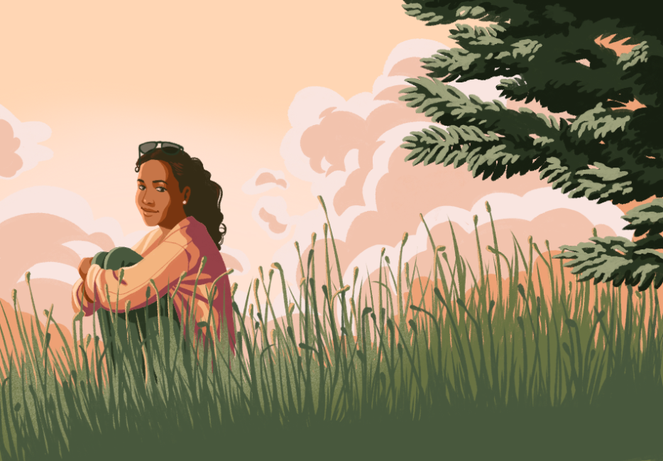 An imagined image of Joyce Carol Vincent sitting in a peaceful meadow at sunset. She's surrounded by tall grass, and a pine tree is behind her. She hugs her knees and looks towards the viewer. The sky behind her is full of pink clouds. 