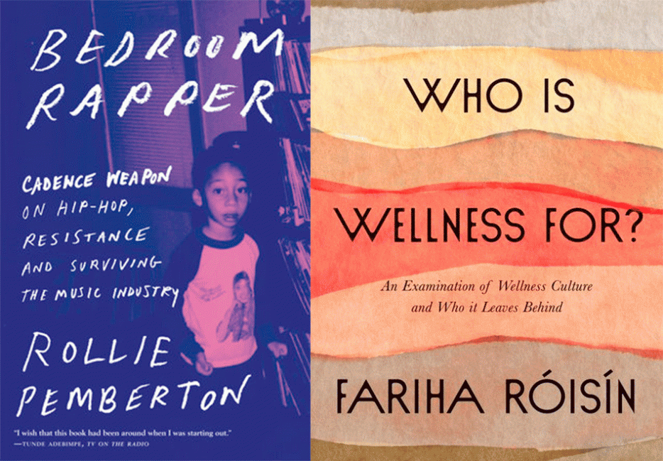 The cover of Bedroom Rapper by Rollie Pemberton, featuring an image of the author as a child wearing a Michael Jackson t-shirt, and Who is Wellness For by Fariha Roisin, featuring abstract swathes of warm colours blending into one another.