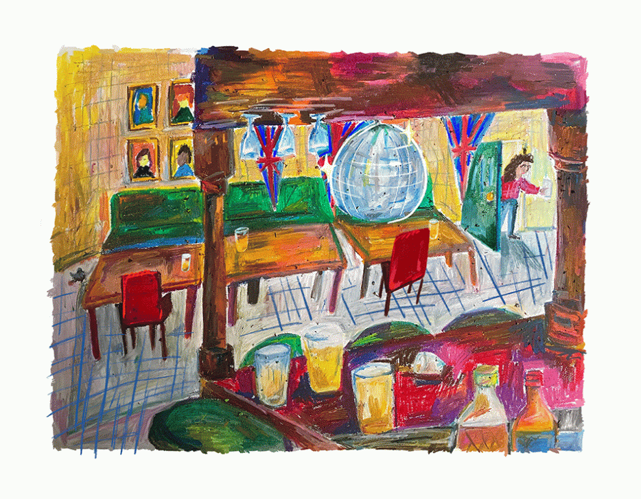 A woman entering a colourful, empty bar