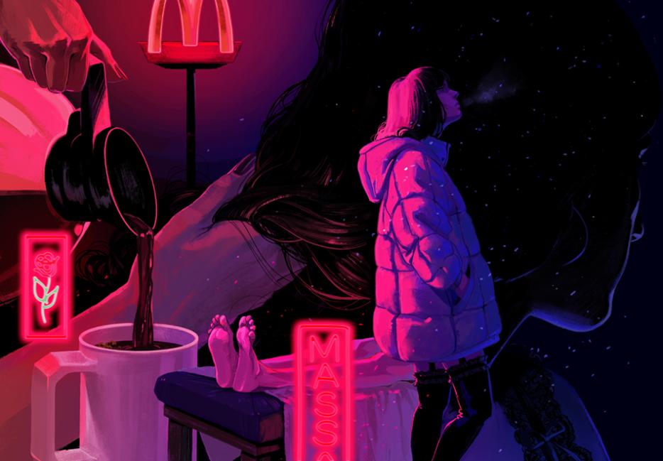 A collage of a hand pouring coffee into a cup, the golden arches of a McDonald's sign, feet on a massage table, a hand holding a woman's hair, and a woman smoking, all against a star-studded night sky.