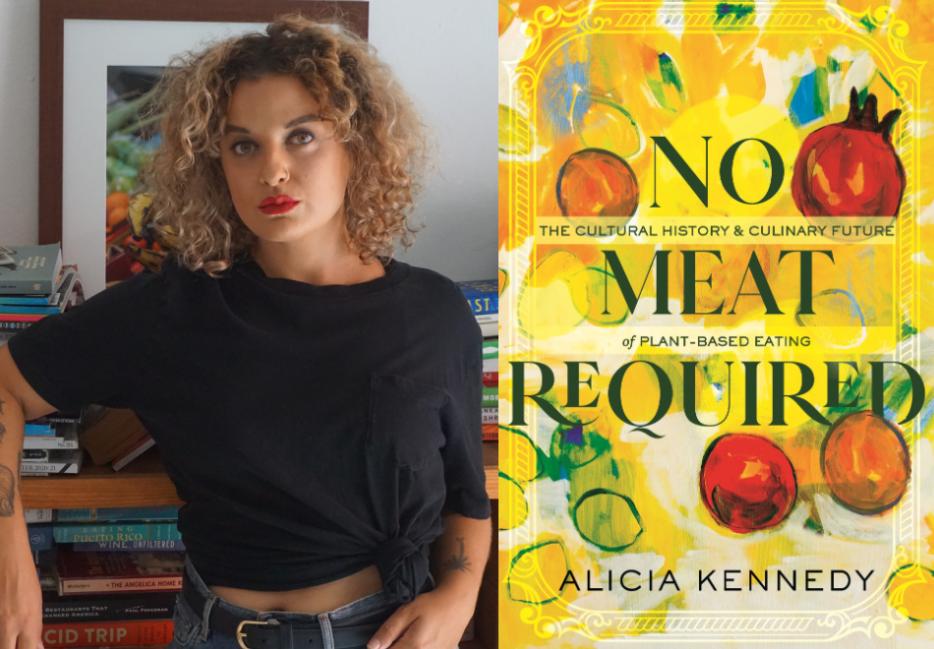 Photo of woman with a curly bob, red lipstick, and a black teeshirt. Collage features a yellow book cover that says NO MEAT REQUIRED