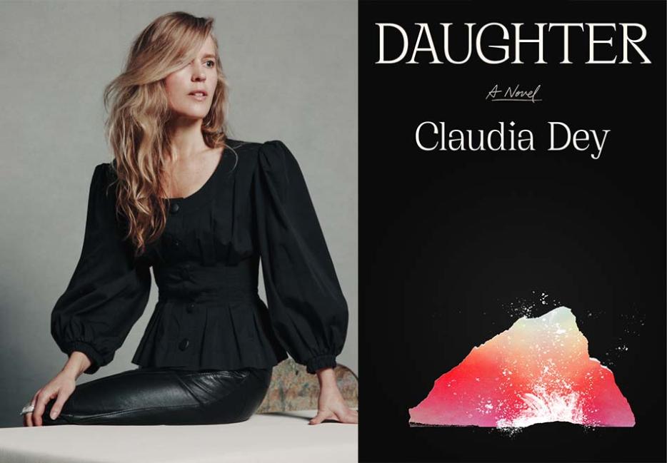 An image of author Claudia Dey, in a black blouse and black leather pants, sitting on a table, beside the cover of her book Daughter