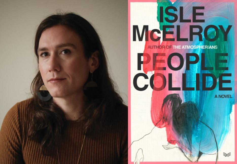 collage of non-binary author Isle McElroy and cover art of their novel People Collide