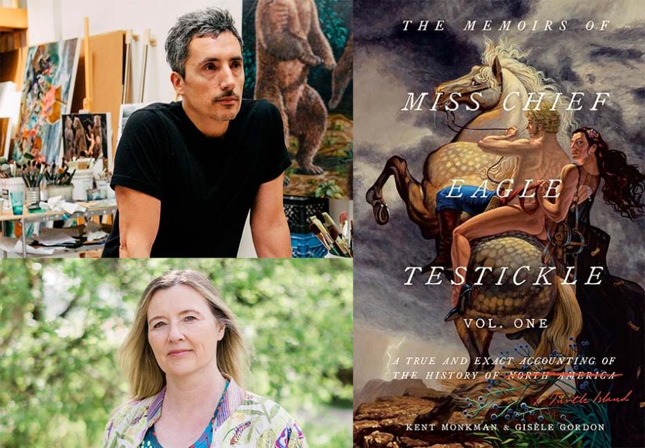 The authors beside the cover of the book 