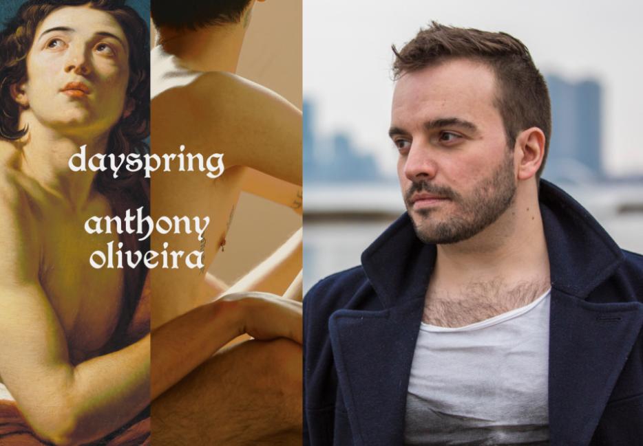 Diptych of author Anthony Oliveira and the book cover for Dayspring
