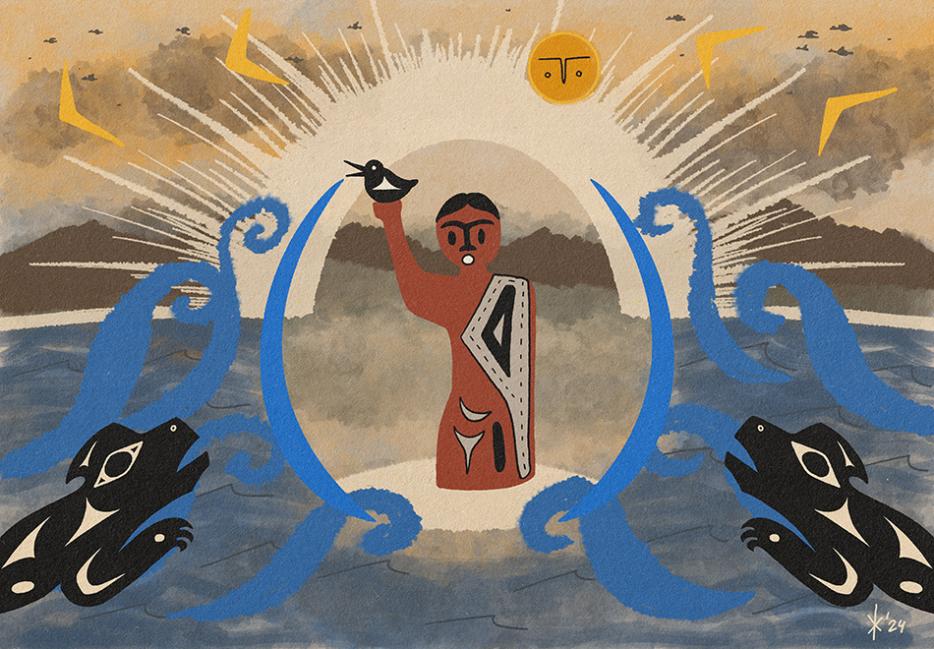 A person stands in the middle of a body of waterm holding a bird. Waves, animals and the sun turn toward them. 