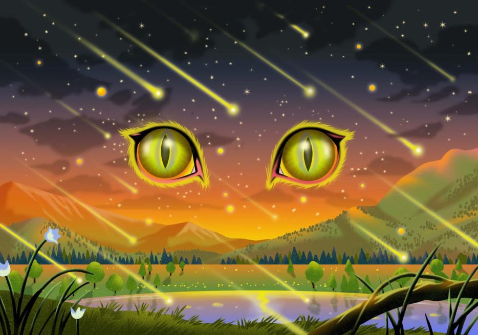 Cat eyes peering out of a field of shooting stars