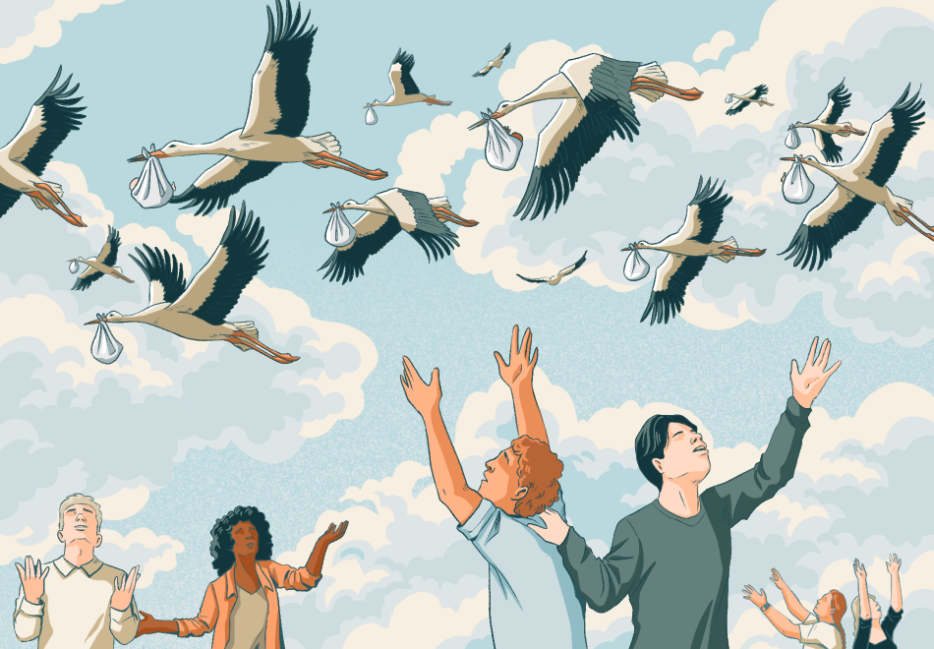 An image of couples reaching towards storks carrying babies, on a backdrop of a blue sky with fluffy clouds. 