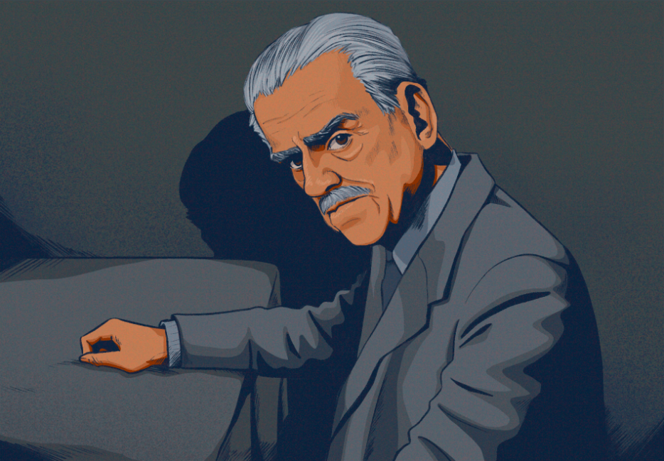 An illustration of Boris Karloff glares at the camera