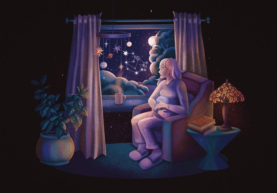 A pregnant person sits in a darkened room, looking out the window at the constellations. 