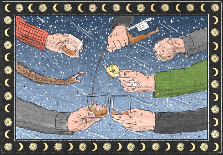 one arm pouring whisky into glasses in outstretched arms with one animal limb reaching out for an apple slice, all on front of a snowy night background