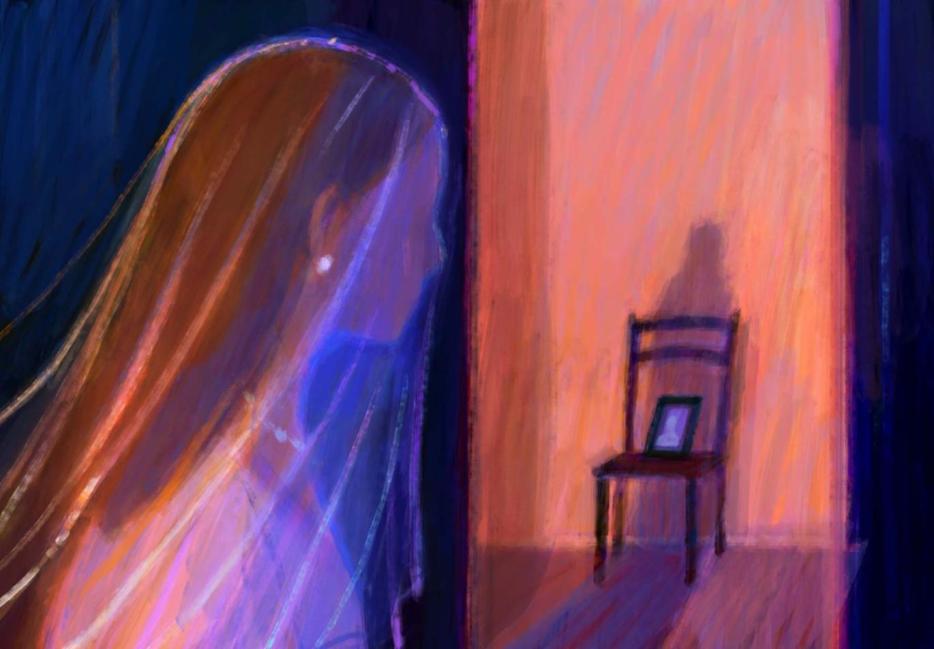 An image of the spirit bride looking at a chair with a photo on it