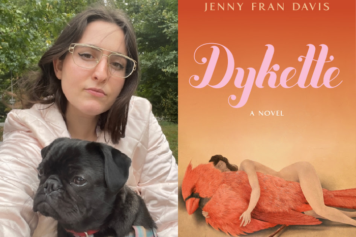 Photo of woman with brown hair, glasses, and puppy, plus an orange book cover with a nude women spooning a male cardinal.