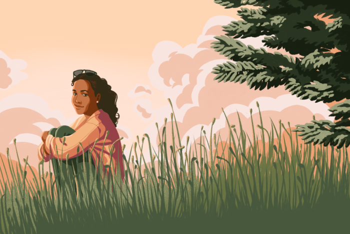 An imagined image of Joyce Carol Vincent sitting in a peaceful meadow at sunset. She's surrounded by tall grass, and a pine tree is behind her. She hugs her knees and looks towards the viewer. The sky behind her is full of pink clouds. 