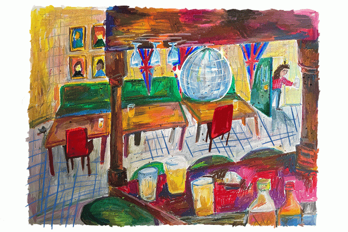 A woman entering a colourful, empty bar