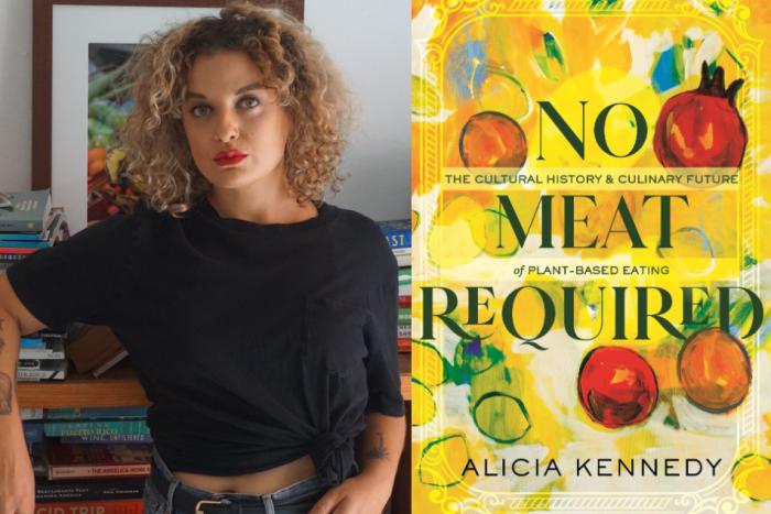 Photo of woman with a curly bob, red lipstick, and a black teeshirt. Collage features a yellow book cover that says NO MEAT REQUIRED