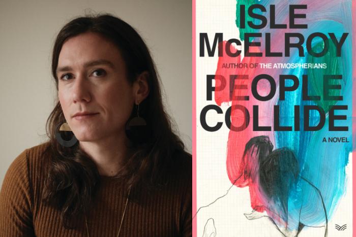 collage of non-binary author Isle McElroy and cover art of their novel People Collide