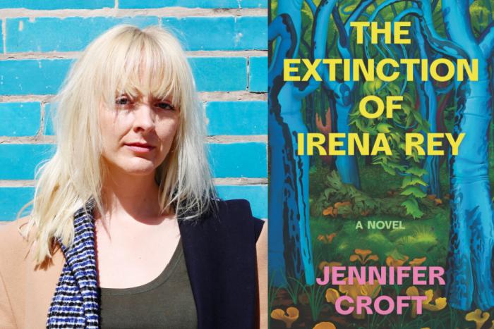 Diptych of author Jennifer Croft and the cover of her novel, The Extinction of Irina Rey