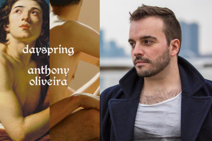 Diptych of author Anthony Oliveira and the book cover for Dayspring