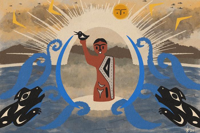 A person stands in the middle of a body of waterm holding a bird. Waves, animals and the sun turn toward them. 