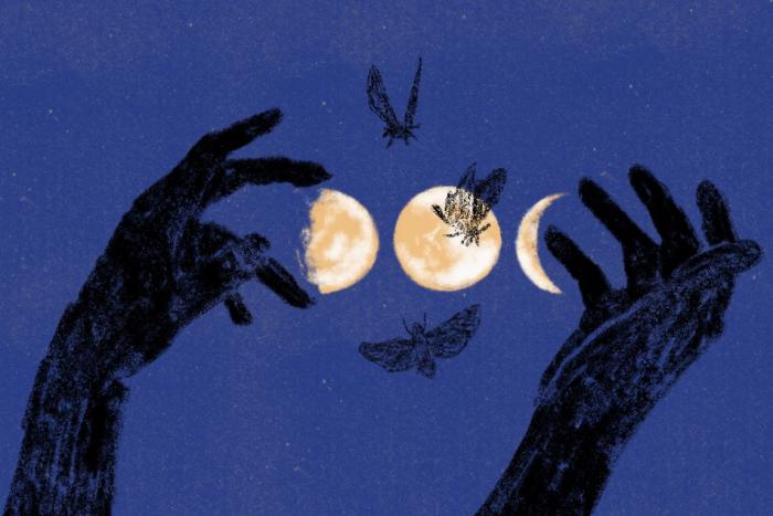 Two hands, silhouetted against a night sky, framing phases of the moon, with moths flying between them