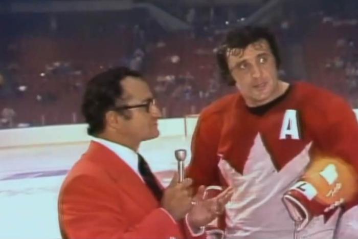 | Phil Esposito gives his infamous speech after the Summit series game 4 in Vancouver.