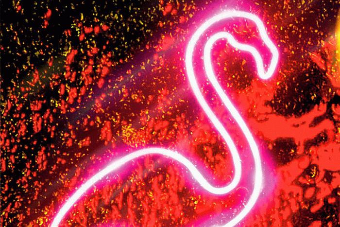 A neon sign shaped like a pink flamingo. 