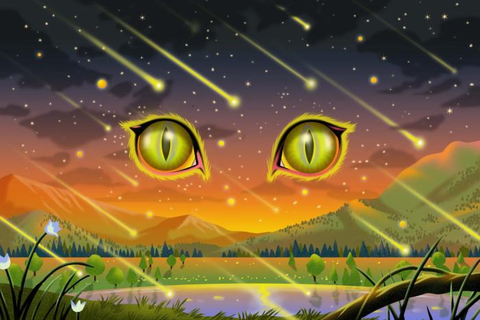Cat eyes peering out of a field of shooting stars