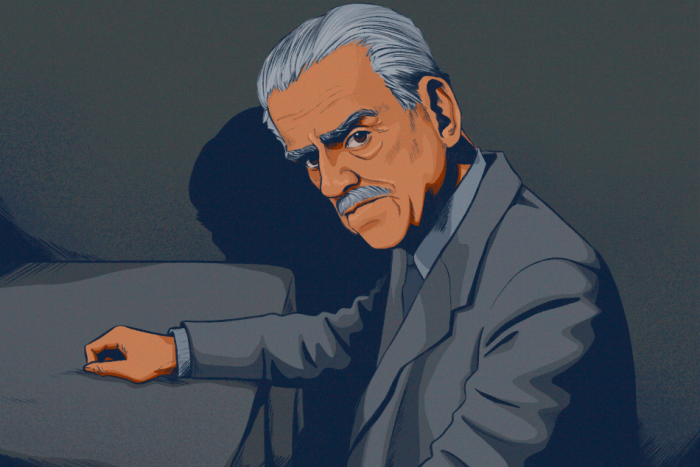 An illustration of Boris Karloff glares at the camera