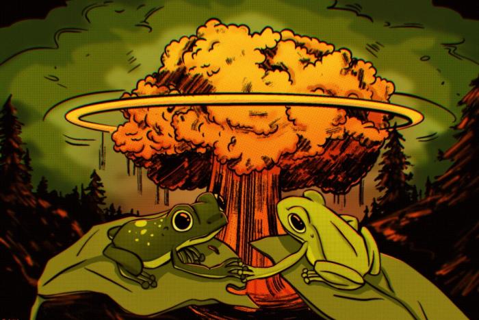 An illustration of a frog and a toad sitting on leaves and clinging onto each other as a nuclear explosion occurs in the background.